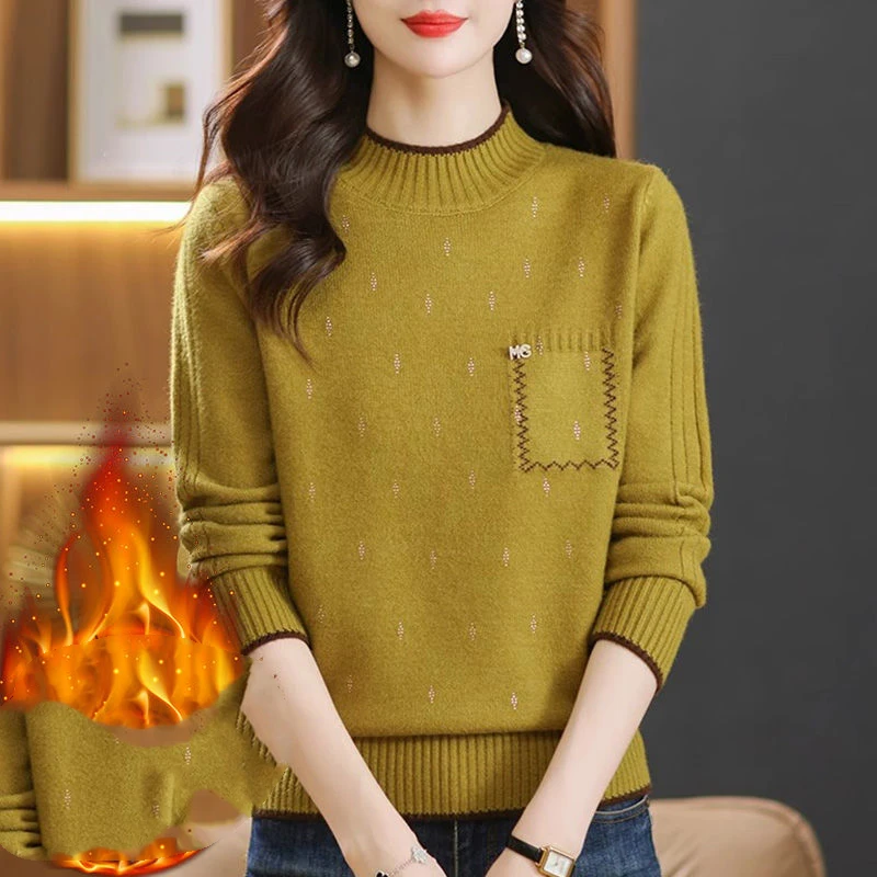 Women's Clothing Autumn Winter Round Neck Pullover Sweater Knitted Screw Thread Long Sleeve Solid Color Fashion Elegant Tops