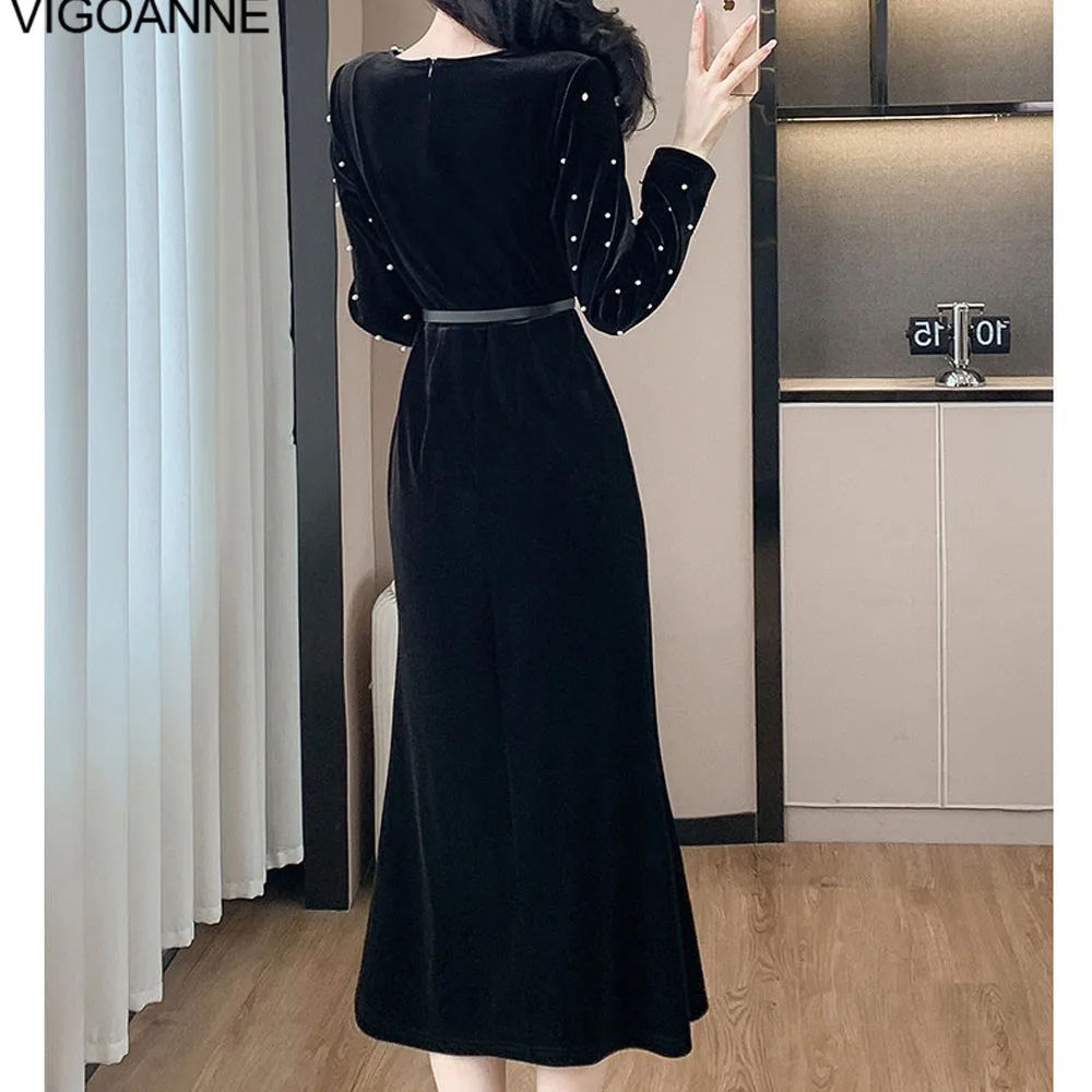 VigoAnne 2025 Spring Autumn Woman Black Velvet Dress Patchwork Slit Long Sleeve Dress Lady Black Evening Party Tight Long Dress