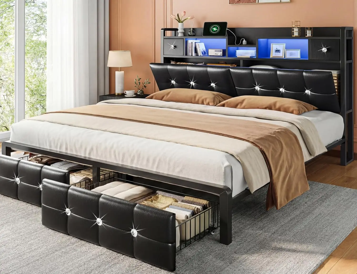 King Bed Frame Upholstered Storage Headboard 4 Drawers Metal Support No Box Spring Needed Bedroom Furniture, Customized