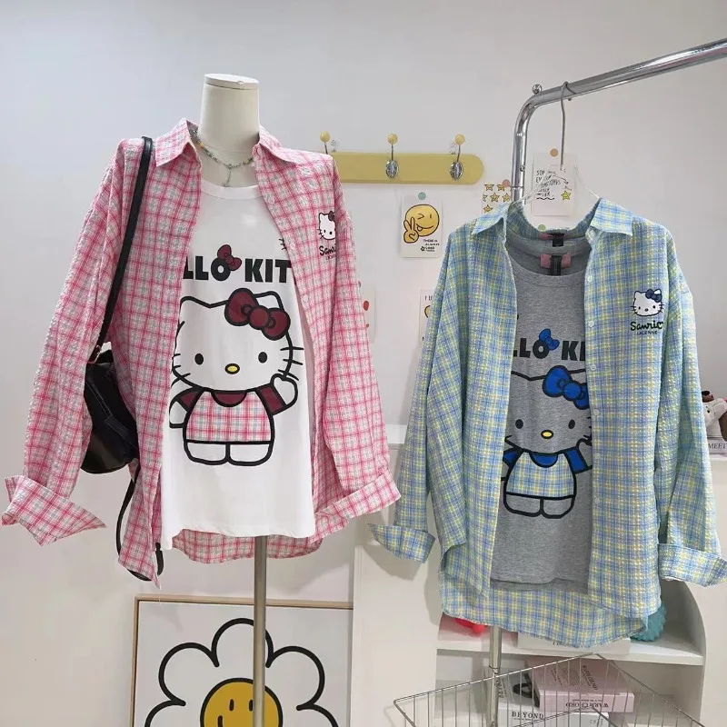 

Kawaii Hello Kitty Sanrio Student Cartoon Cute Shirt Children Long Sleeves Comfortable Jacket Birthday Gift for Girls