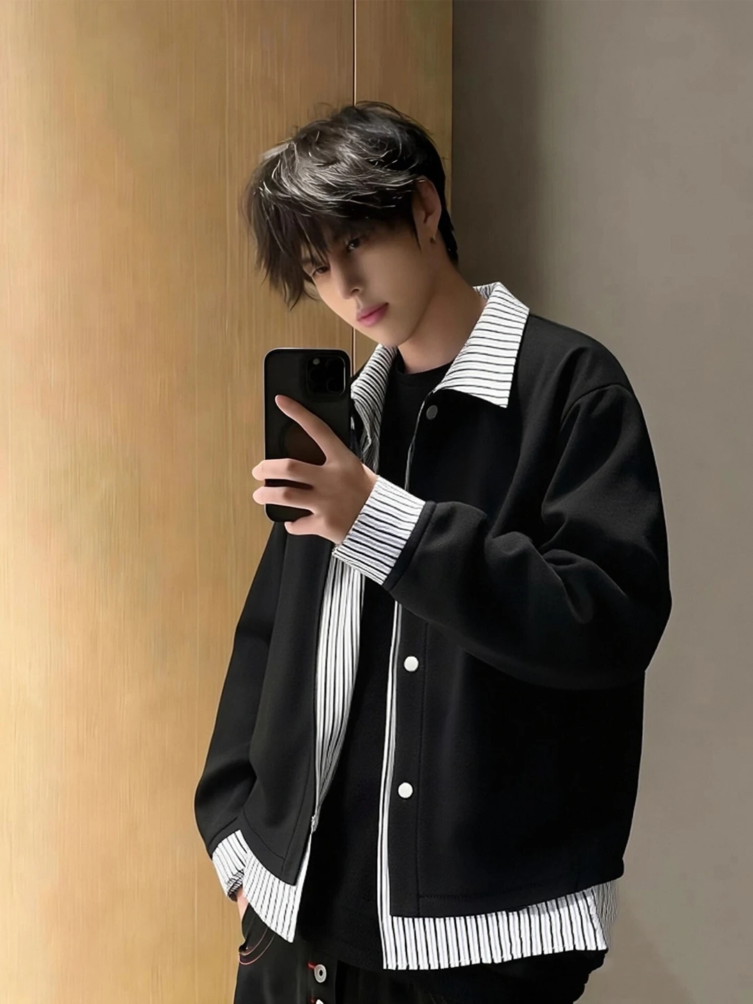 

Bla Fake Two-Piece Men's Jaet Spring American Stripe Splicing Collar Cardigan Sweatirt Loose Fit Long Sve Regular Th...