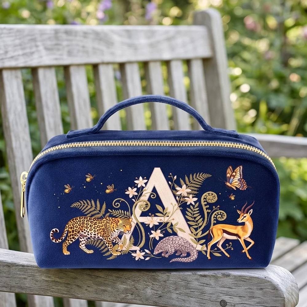 Navy Blue Velvet Cosmetic Bag Imitation Embroidery Letter Imitation Embroidery Style Makeup Velvet Pouch Vintage Design