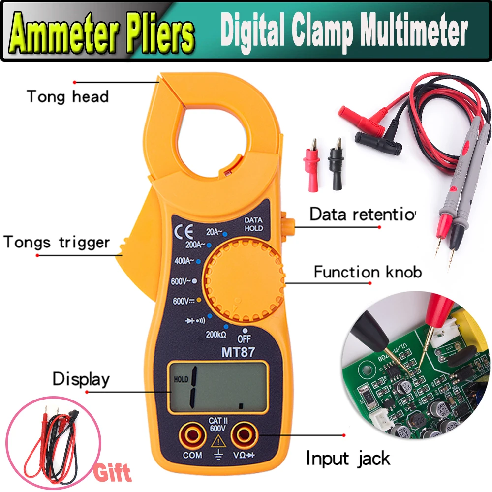 MT87 3 1/2 Digits Digital Multimeter Clamp Meter AC DC Current Voltage Tester Voltmeter Ammeter Ohmmeter Diode Continuity Tester