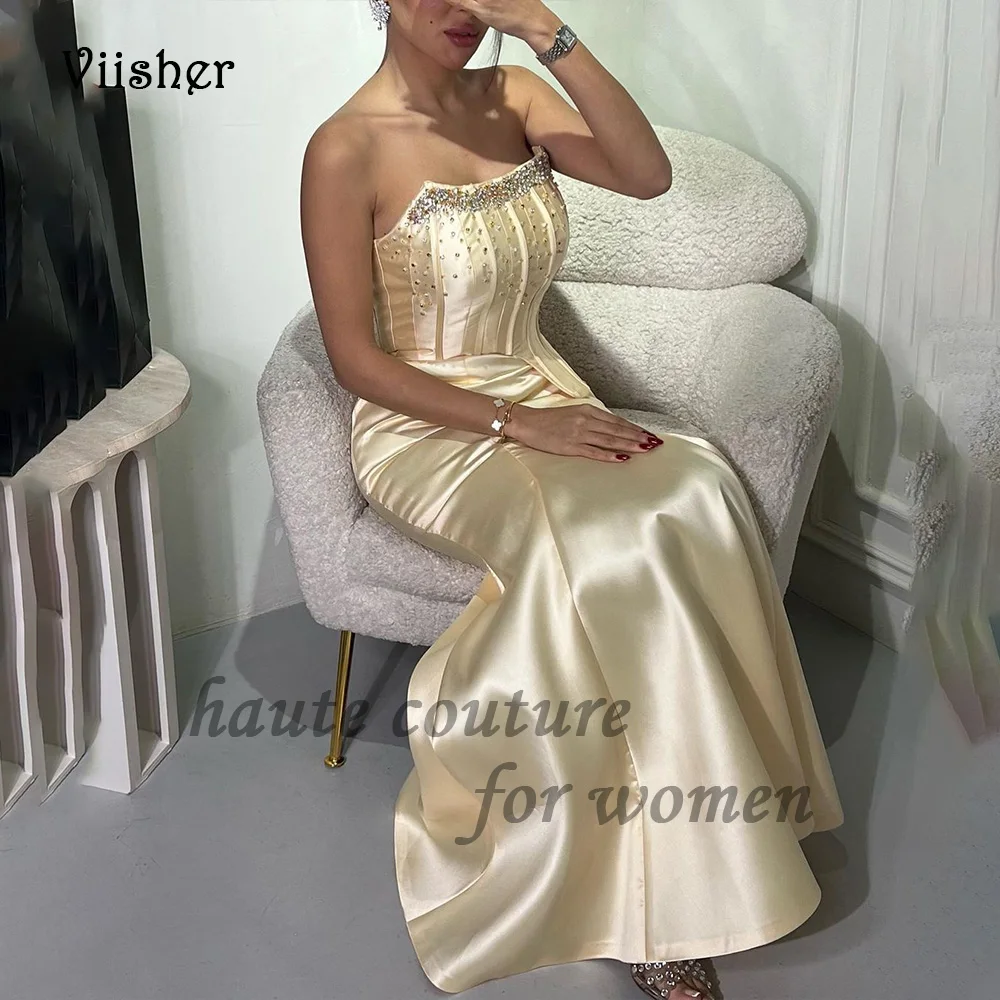 

Gold Satin Mermaid Prom Dresses Pearls Beaded Strapless Arabian Dubai Formal Party Dress Floor Length Evening Gowns