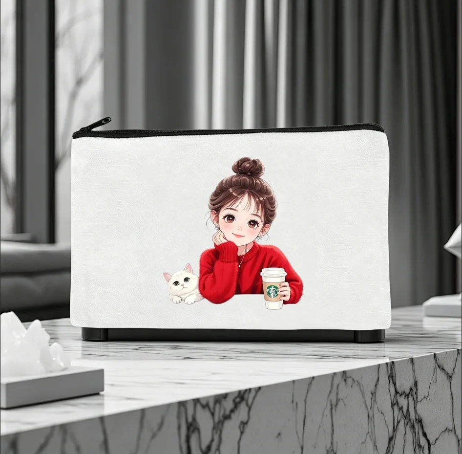 1PC Double Sided Print Bun Hair Girl Coffee Cup & White Cat Canvas Zipper Cosmetic Storage Pouch