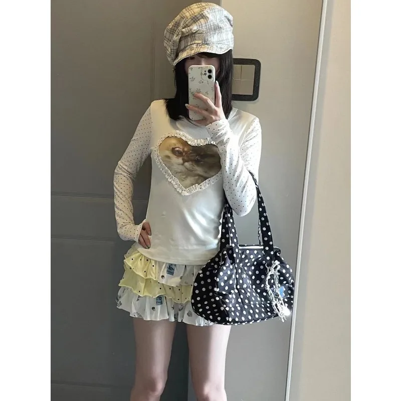 Japanese Y2k Harajuku Heart Print T-shirt Subculture Long Sleeve Polka Dot Top Vintage 2000s Style Kawaii Cutecore Pullovers