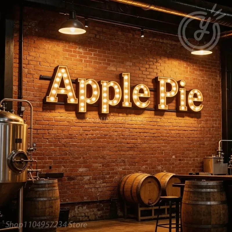 3D Metal Apple Pie Neon Poster Sign, Custom LED Luminous Wall Letters, Restaurant Shop Personal Design Business Logo Signage