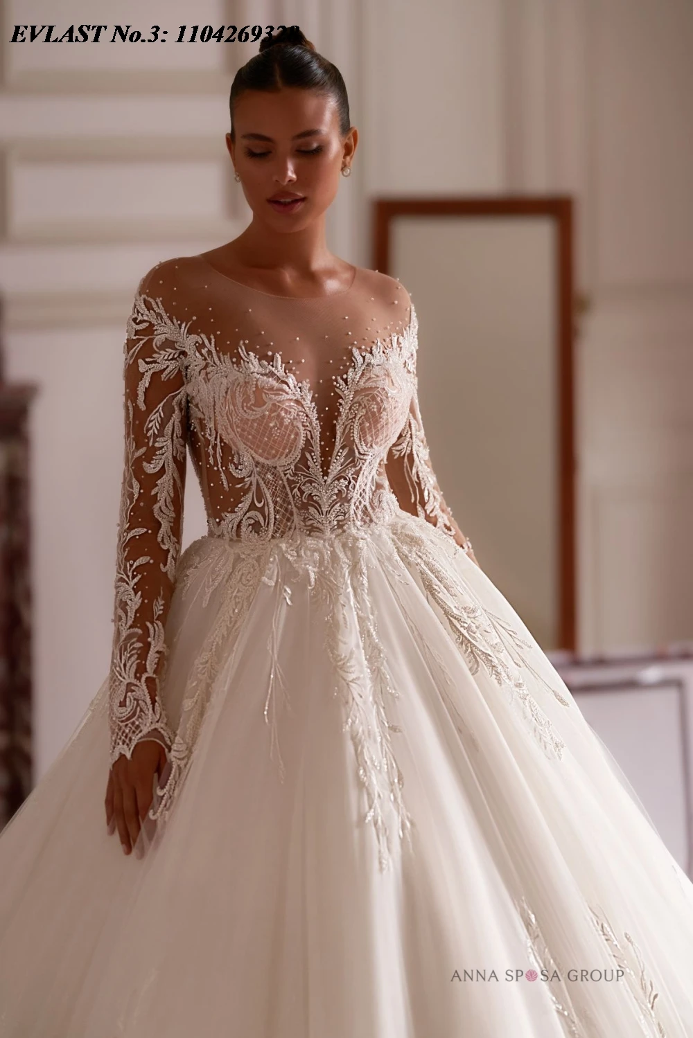 Evlast personalizado vintage uma linha vestido de casamento manga longa renda apliques pérolas miçangas vestido de noiva novia e3wa29
