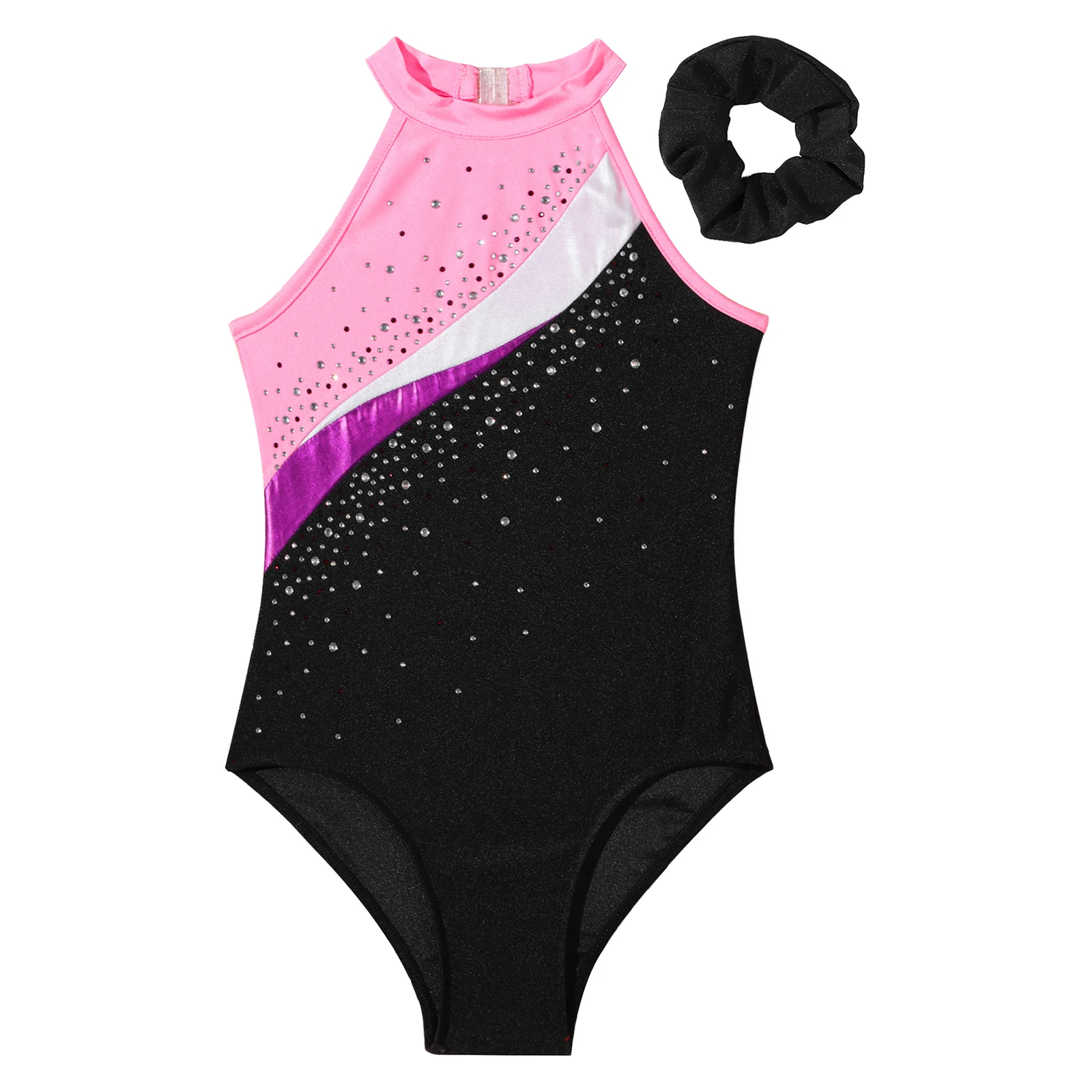 Kids Girls Shiny Sequins Ballet Dance Leotard with Hair Band Gym Dancewear Set Sleeveless Gymnastics Leotard Bodysuit