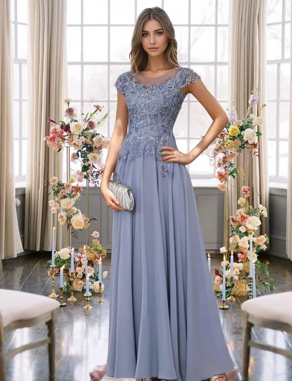 Vestidos para madre de la novia, apliques de encaje de gasa, vestido de manga corta para madre del novio, vestido Formal largo