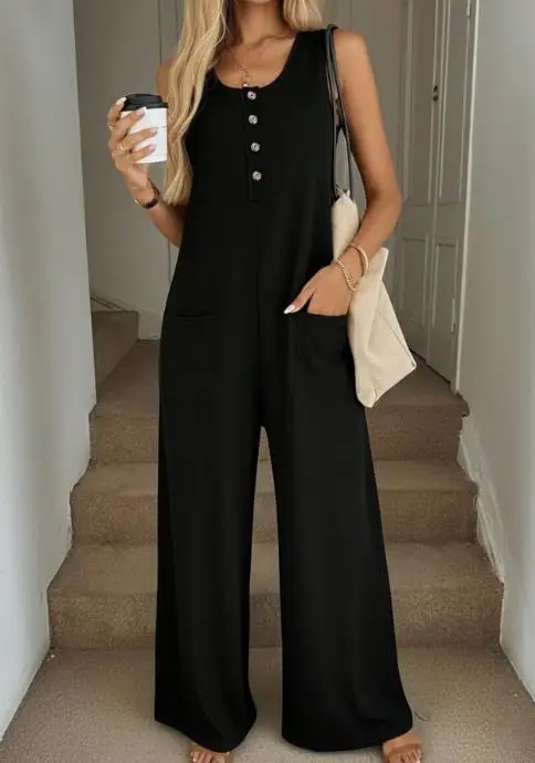 จั๊มสูทผู้หญิง 2026 รุ่นใหม่ สปริง สีพื้น คอกลม แขนกุด มีกระเป๋า ดีไซน์ลำลอง ใส่ได้หลายโอกาส ทรงหลวม ขากว้าง