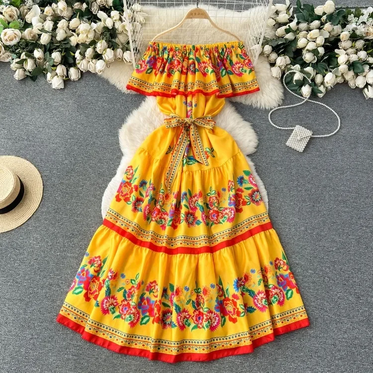 Korejepo fransız mahkemesi tarzı elbiseler çiçek bir omuz rahat elbise kadın yaz sapanlar kemer güzel uzun giysiler