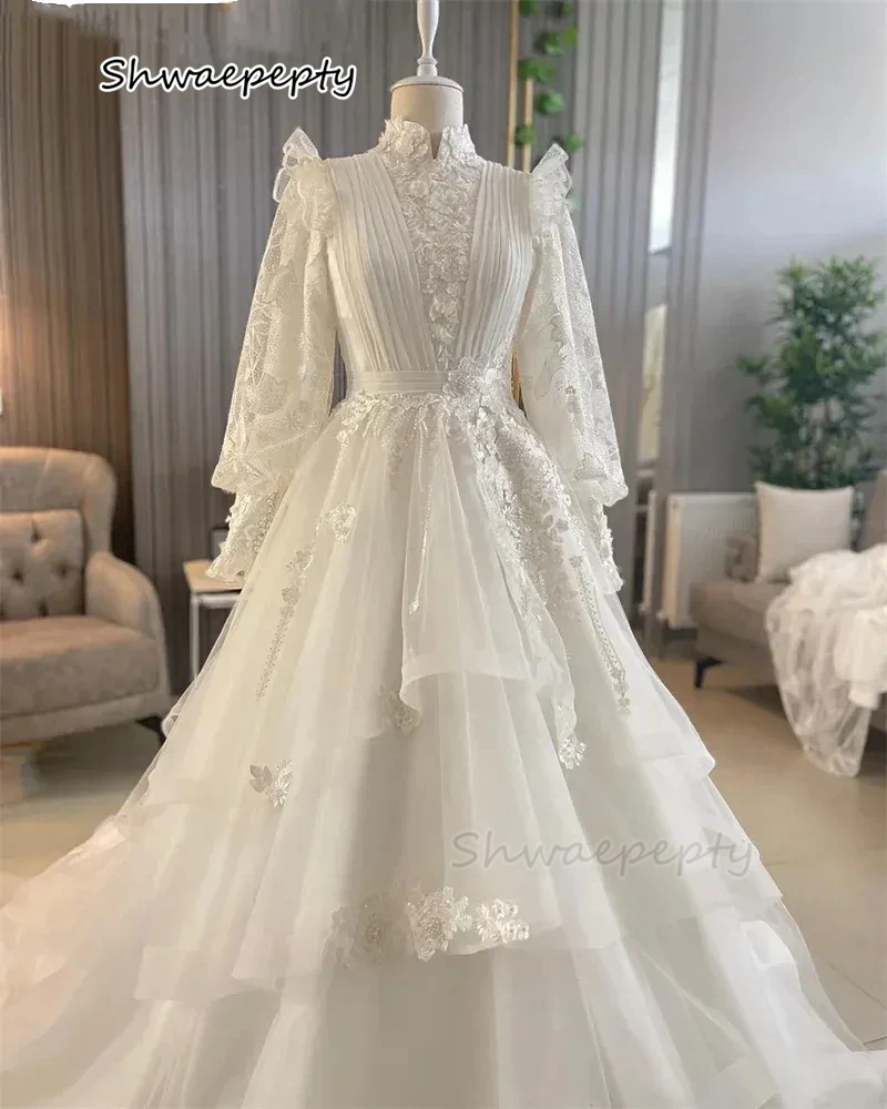 

Muslim Wedding Dress High Neck Long Sleeves A Line Ivory Bridal Gown Lace Appliques Pleats Long Tulle Vestidos Customized
