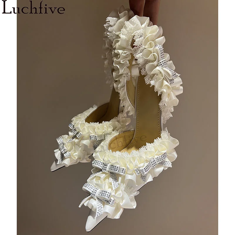 

Summer New Satin Lace Bride Dress Shoes Women Pointy Toe Thin High Heel Sandals Crystal Bow-knot Design Gladiatus Sandals Woman