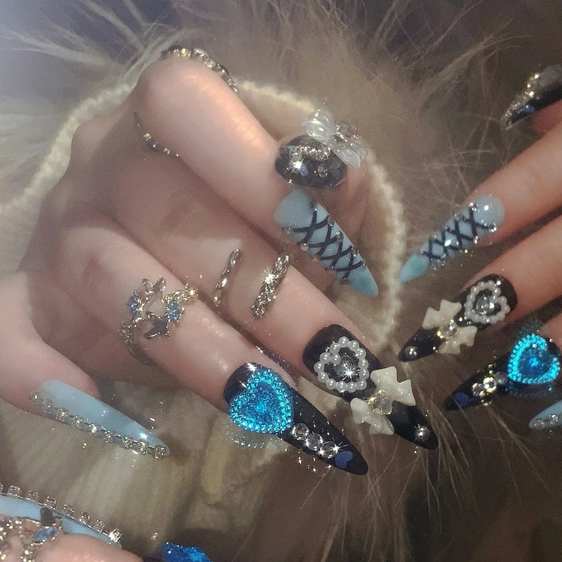 

24PCS Long Stiletto Press on Nails Black Blue Fake Nails with 3D Bow Heart Rhinestone Design Y2K Cool False Nails for Women