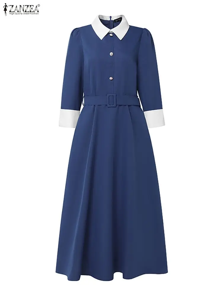 ZANZEA Office Women Dresses 2025 Elegant Lapel Neck 3/4 Sleeve Sundress Summer Dress Stylish Contrast color Vestidos Belted Robe