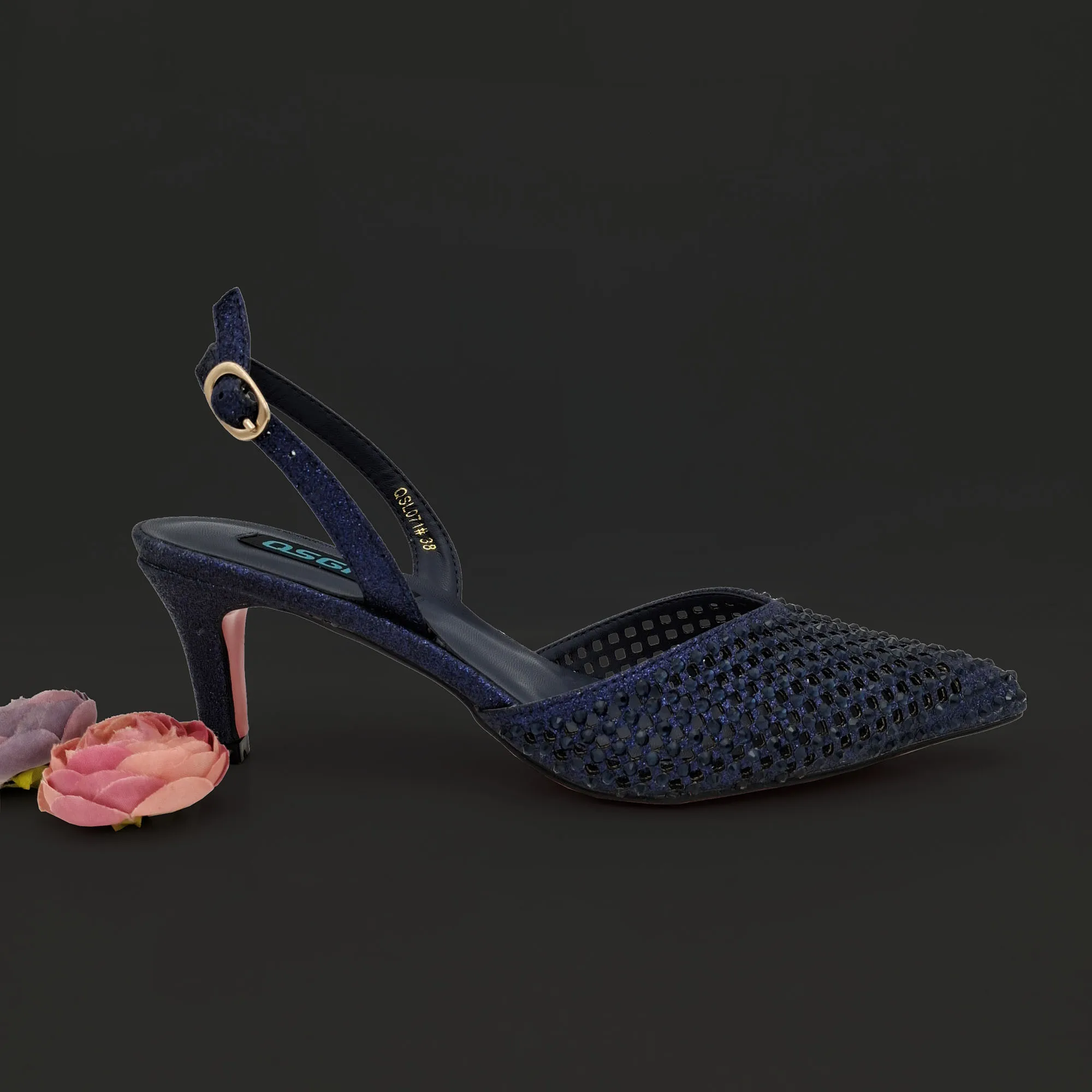 Queena Yan Hollow Design With Pointed Shoes Cozy Mid-Heel Rhinestones Are Suitable For Parties