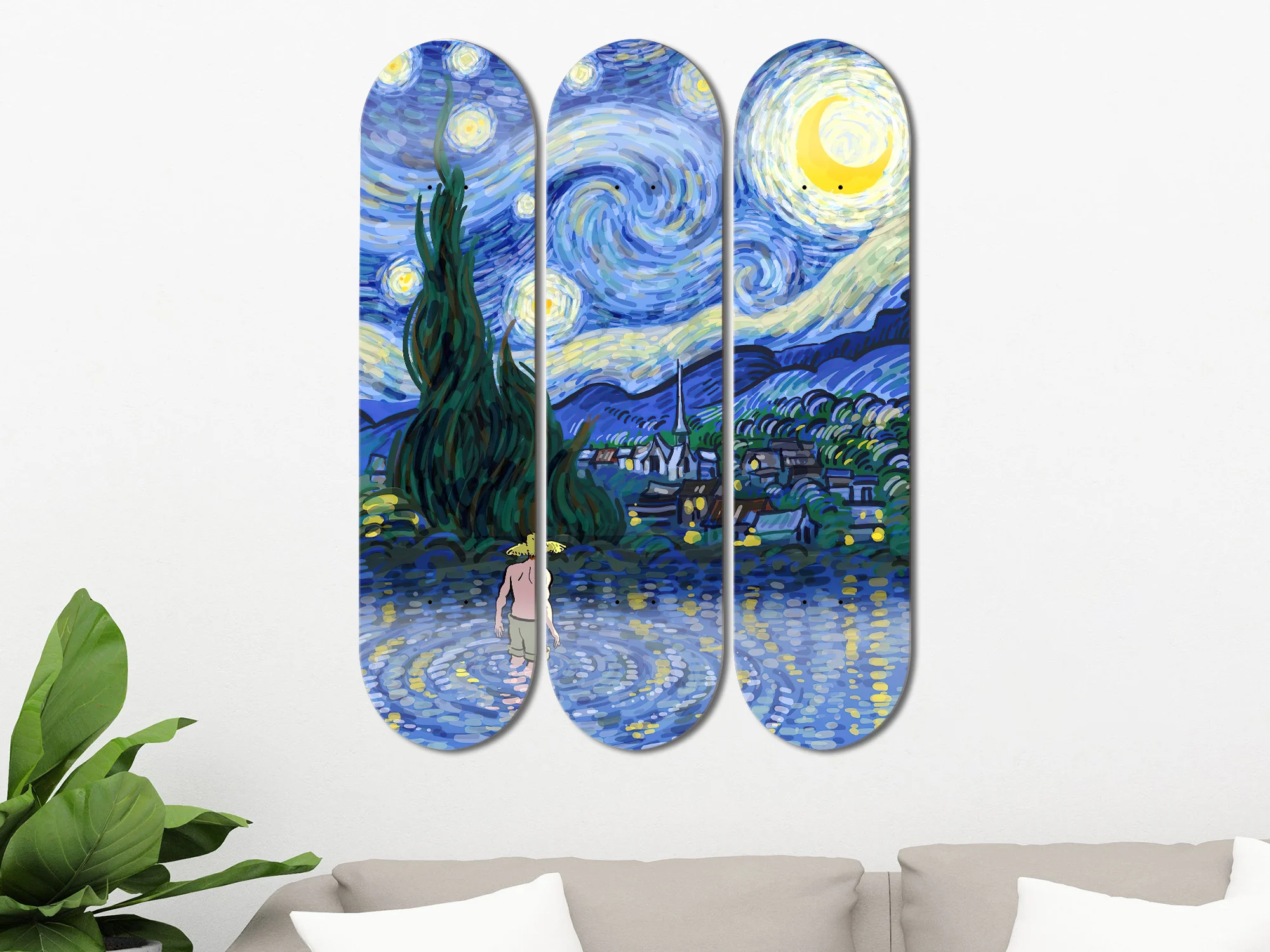 Creative Starry Night Skate Deck Wall Art, Van Gogh Art Man Walking in Lake 3 Panel Skateboard Wall Decor