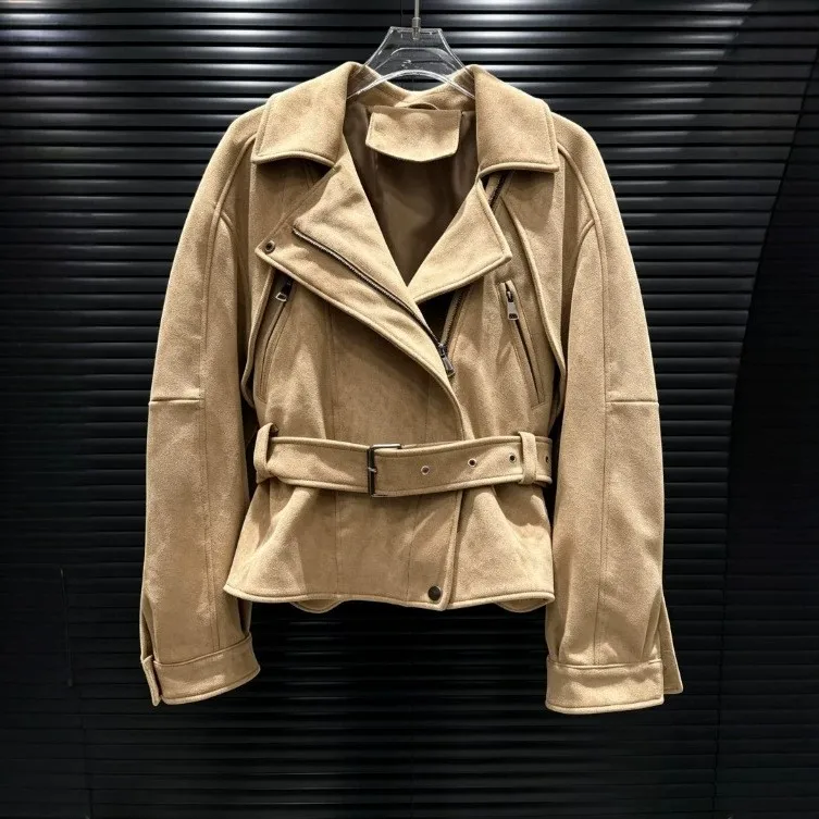 Waist Cinched Turn Down Collar Coat Cropped Workwear Women Jacket with Long Sleeve 3d Raised Pattern Regular Sleeve Matte Finish