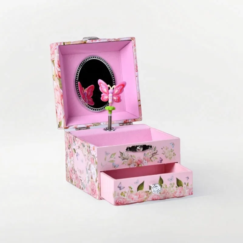 4-inch Pink Butterfly Flower Jewelry Storage Box Makeup Mirror Music Box Children's Day Valentine's Day Christmas Gift
