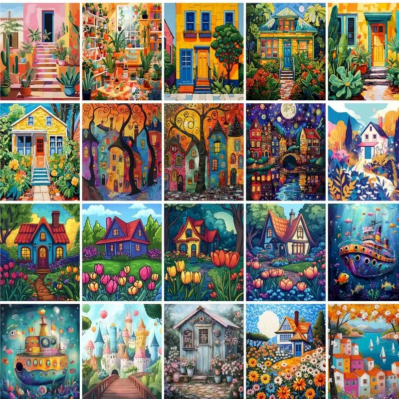 GATYZTORY Colorful House Paint By Number Landsape On Canvas Handpainted Acrylic Paint Kits For Adults Number Painting Decoration