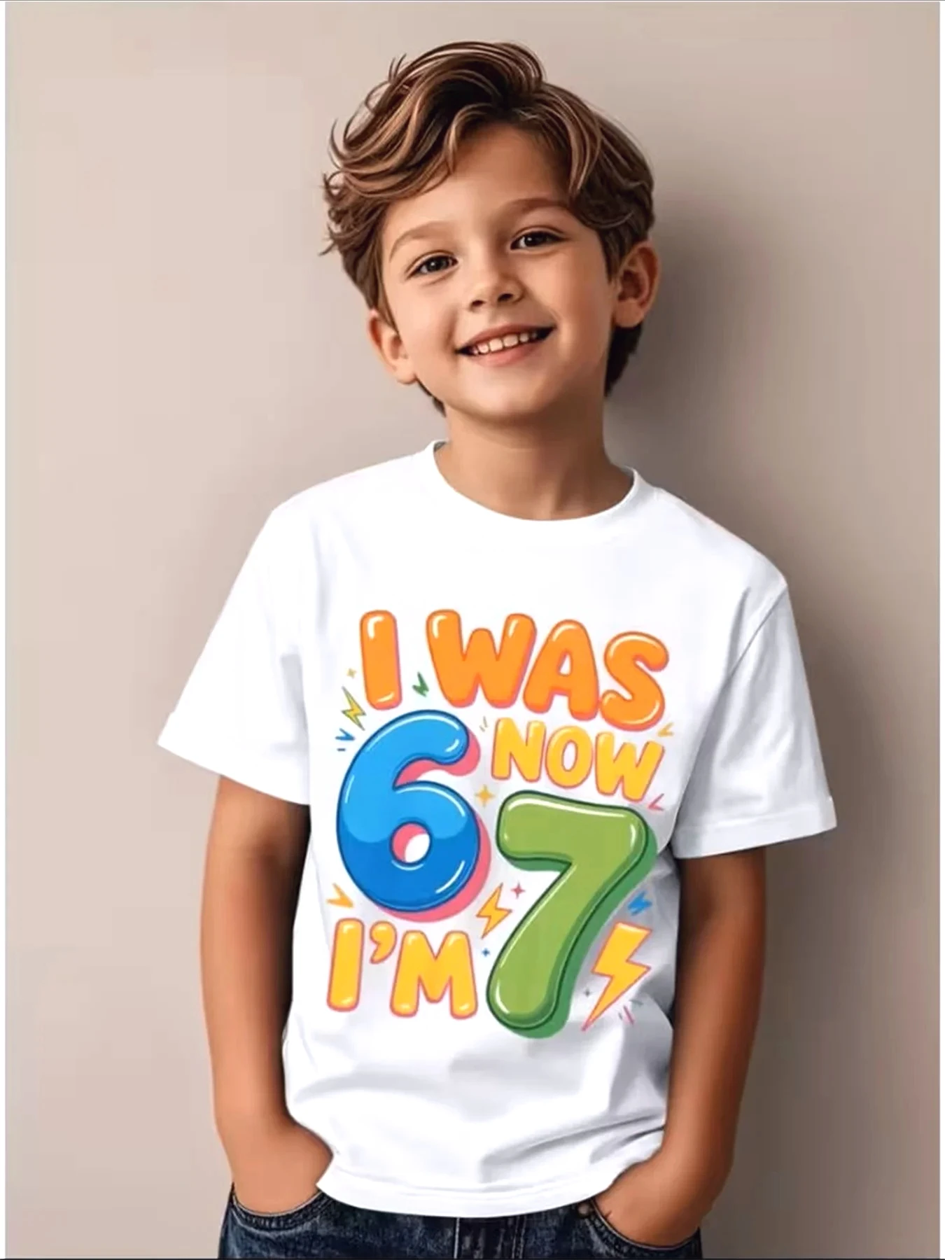Boys' 7th Birthday T-Shirt Number 67 & Lightning Bolt Design Round Neck Short Sleeve Party Outfit for 7 Years Old Summer Kid Tee