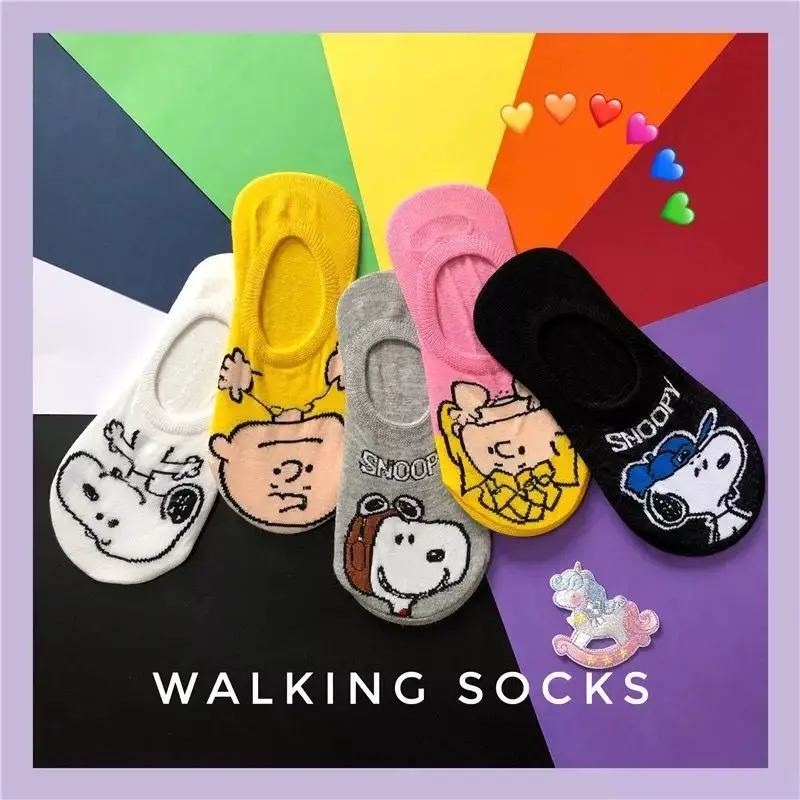 

5pcs Miniso Anime Kawaii Snoopy Cartoon Silicone Shallow Mouth Cotton Socks Spring and Summer Cartoon Socks Girls Daily Matching