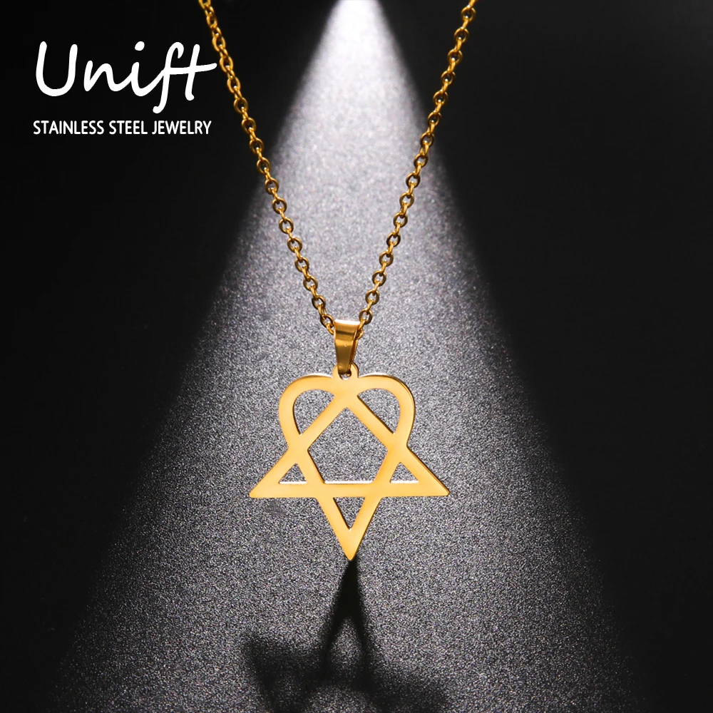 Unift Heartagram Pentacle Pentagram Necklaces for Women Stainless Steel Jewelry Fashion Geometric Pendant Neck Chain Accessories