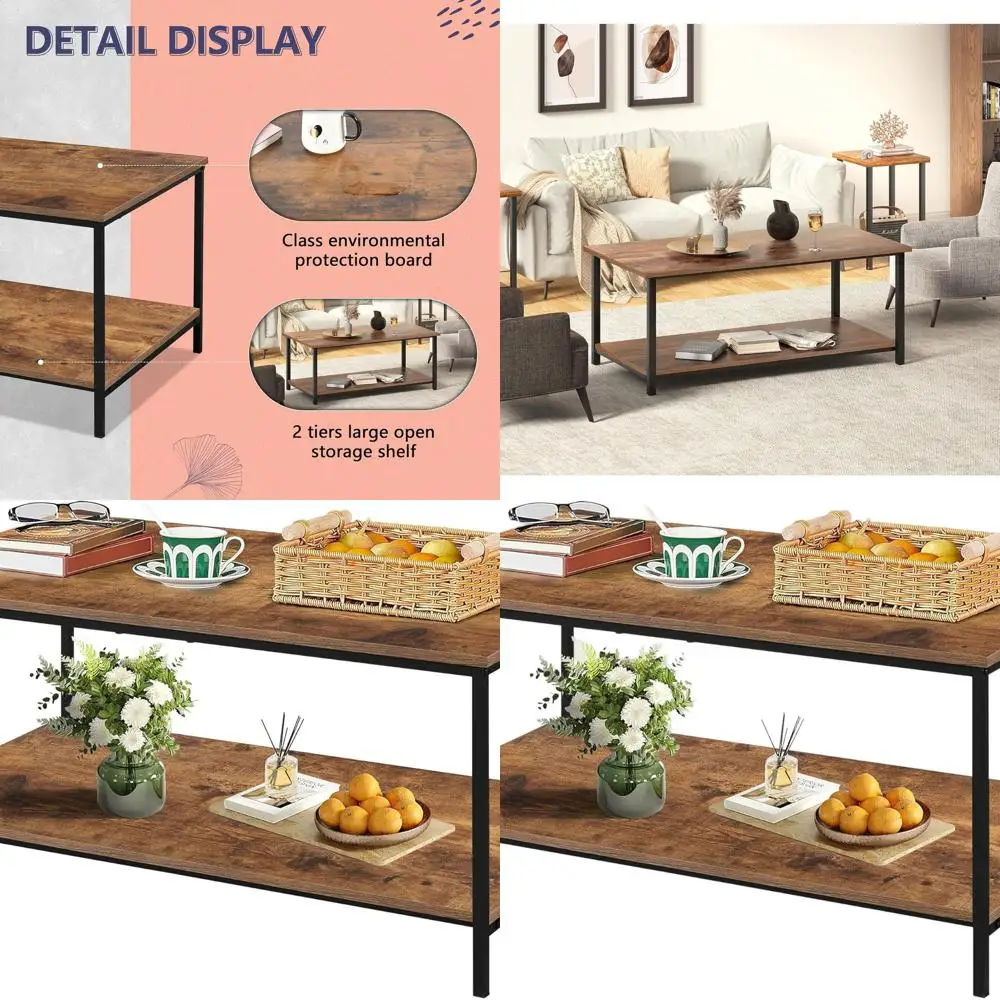 

Brown Wooden 2-Tier Coffee Table with Storage Shelf, Sturdy Metal Side, Ideal for Living Room, 39.3 x 20 x 16