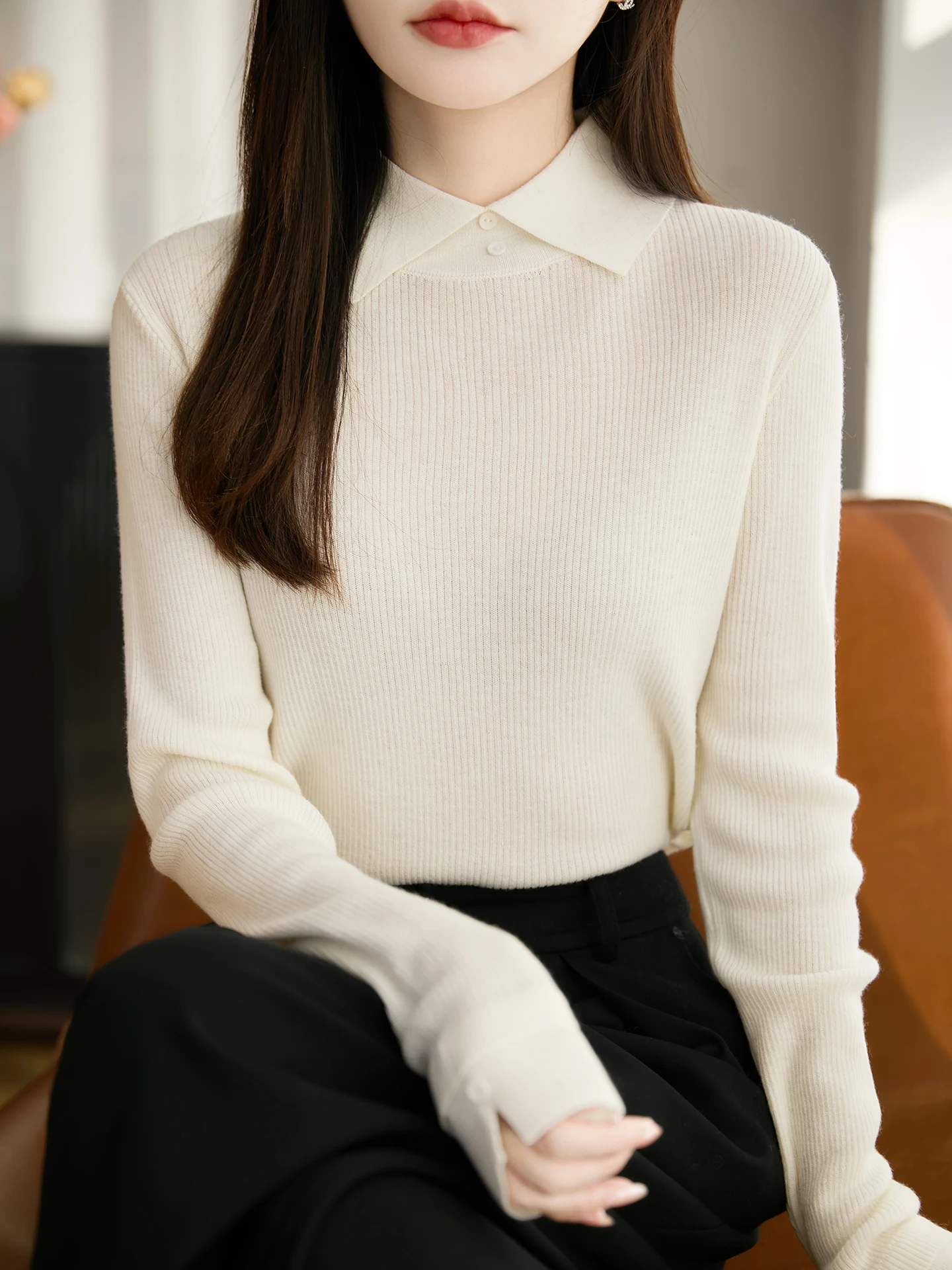 

Slim Fit Long Sve Ne Knitted Sweater Women's Overhead Base irt Ele Turn-down Collar Trendy Top Commute Sle