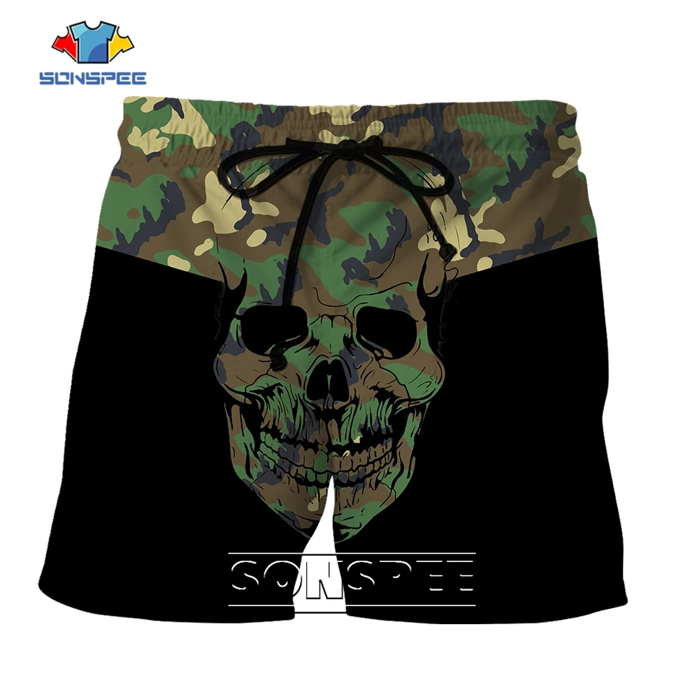 

SONSPEE Green Skull Camouflage 3D Print Cool Beach Shorts Casual Fashion Loose Gym Fitness Sports Hip Hop Plus Size Short Pants