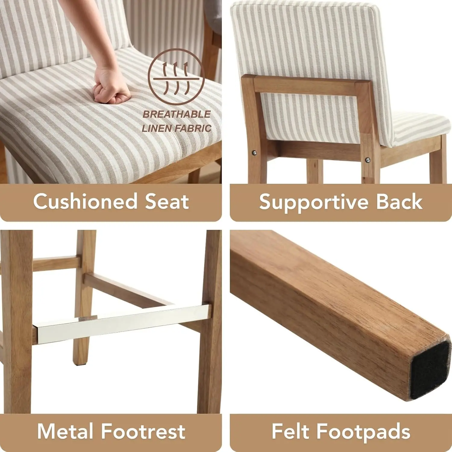 Linen Bar Stools Set of 2, Upholstered Bar Height Stools with Back & Metal Footrest,  High Chairs, Khaki Stripe, Customized