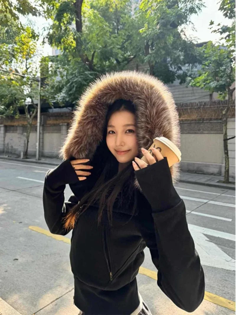 

Американская винтажная толстовка с капюшоном, короткое пальто, женские осенние черные куртки-кардиганы оверсайз, 2024, простые модные толстовки, топы Mujer