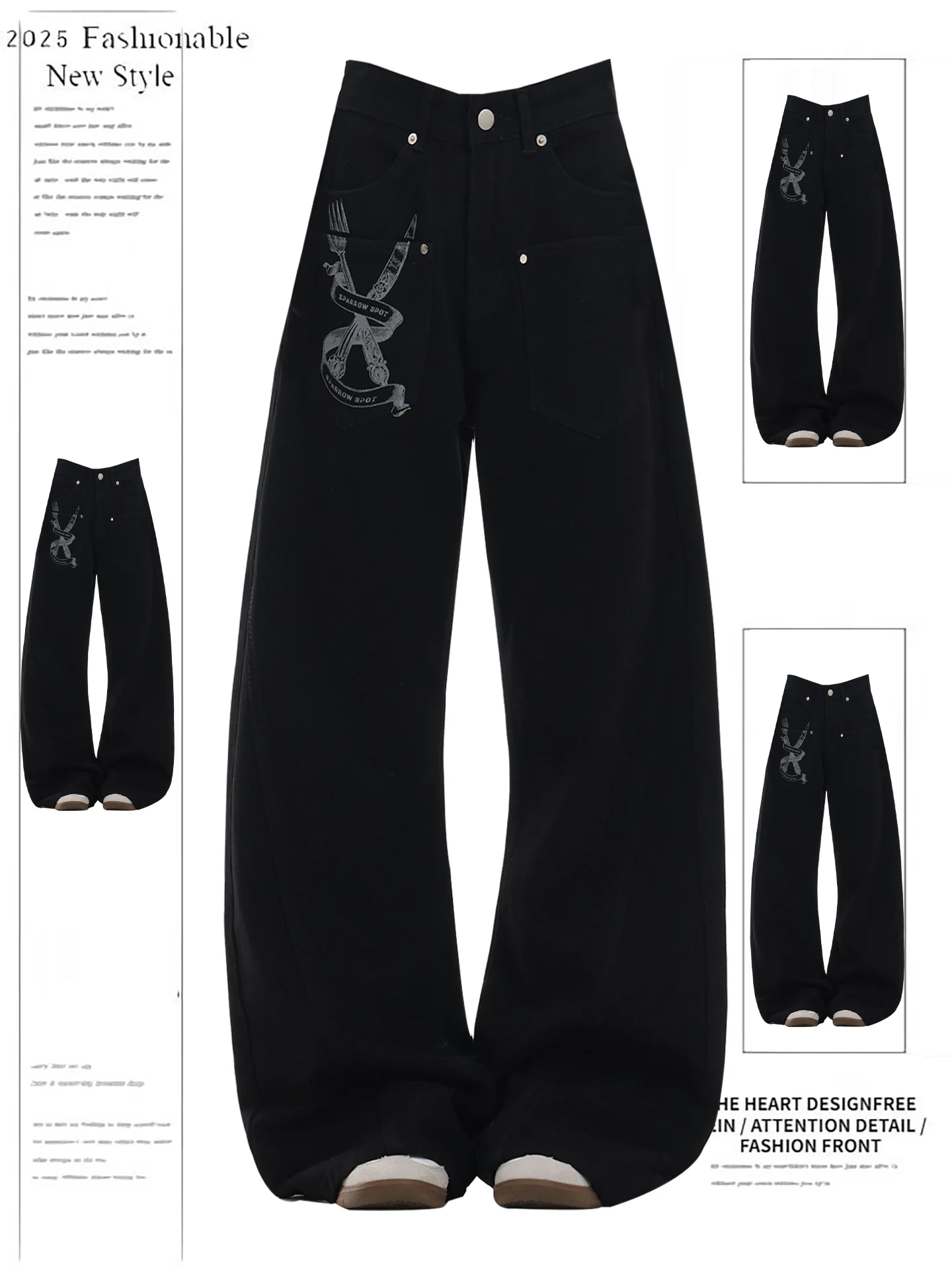 

Ретро-джинсы в американском стиле с принтом, женские, осенне-зимние, свободные, прямые, широкие, черные, длинные брюки