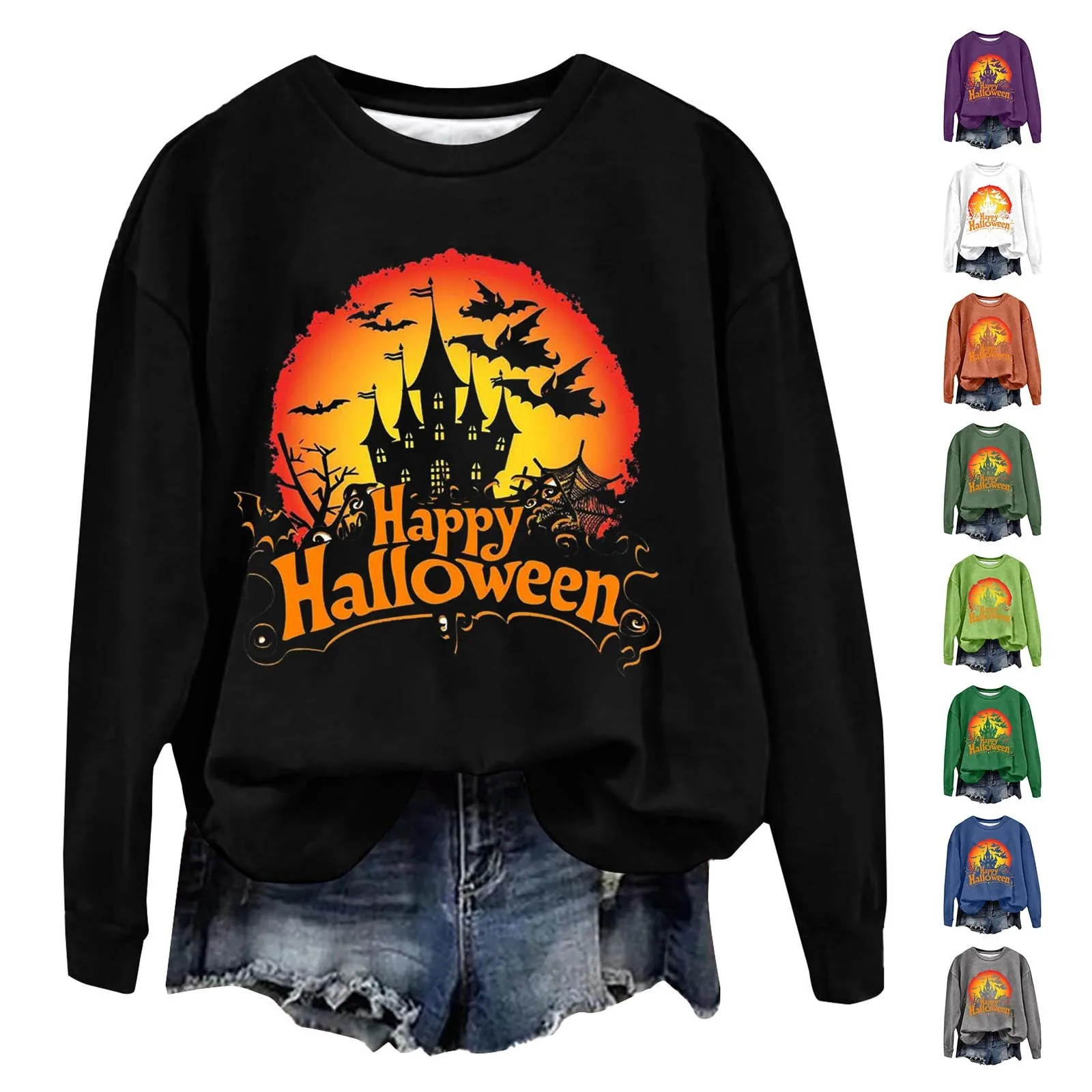 

Halloween Sweatshirt Women Funny Letter Printed Pullovers Castle Little Devil Graphic Pattern Holiday Top Crewneck Hoodies