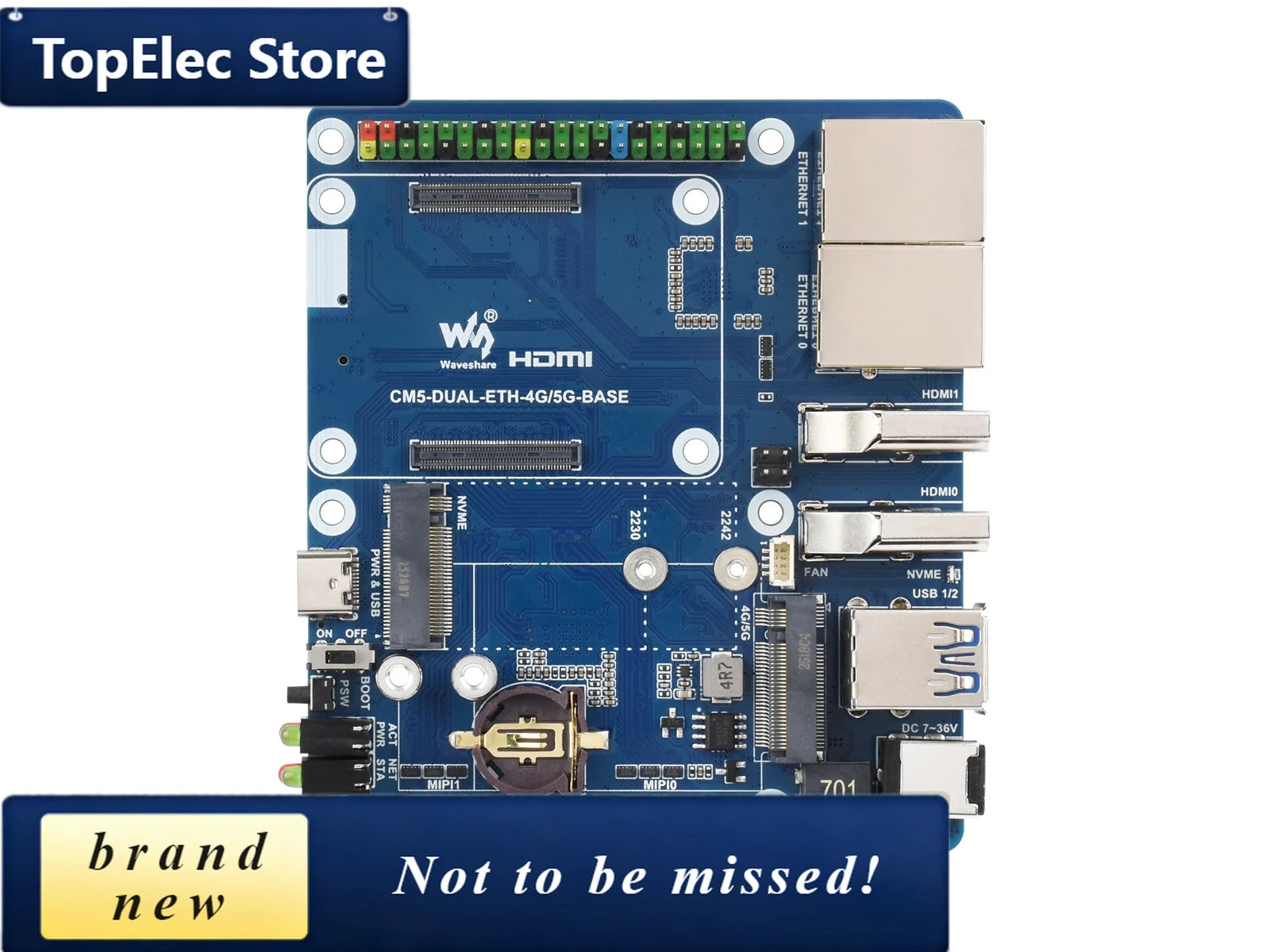 TopElec Raspberry Pi CM5 Dual LAN Carrier Board, 2.5G Ethernet, Dual 4K HDMI, PCIe M.2, 4G/5G Support, Wide Voltage 7-36V for In