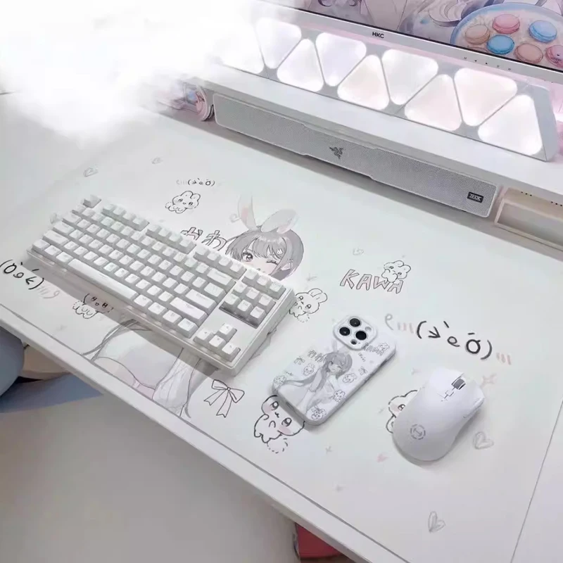 Cute INS Anime Rabbit Girl PU Leather Mouse Pad Waterproof Desk Mat Computer Accessories Keyboard Mat Office Desk Decorative Mat