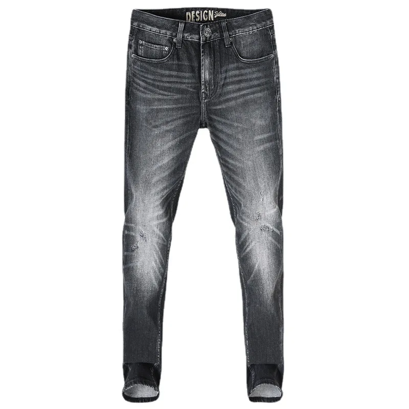 European Fashion Men Jeans High Quality Retro Black Gray Elastic Slim Fit Ripped Jeans Men Vintage Designer Denim Pants Hombre