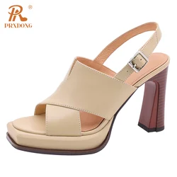 PRXDONG Women's Shoes Summer Brand Genuine Leather High Heels Platform Black Beige Apricot Dress Party Casual Retro Sandals 39