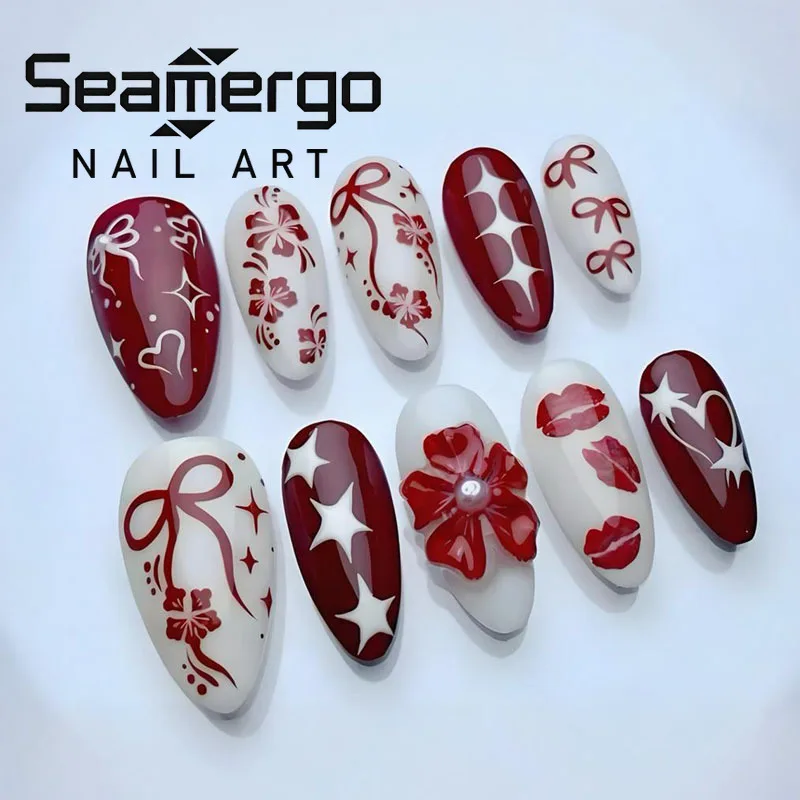 24PCS French Simple False Nails Star Bow Flower Lip Almond P
