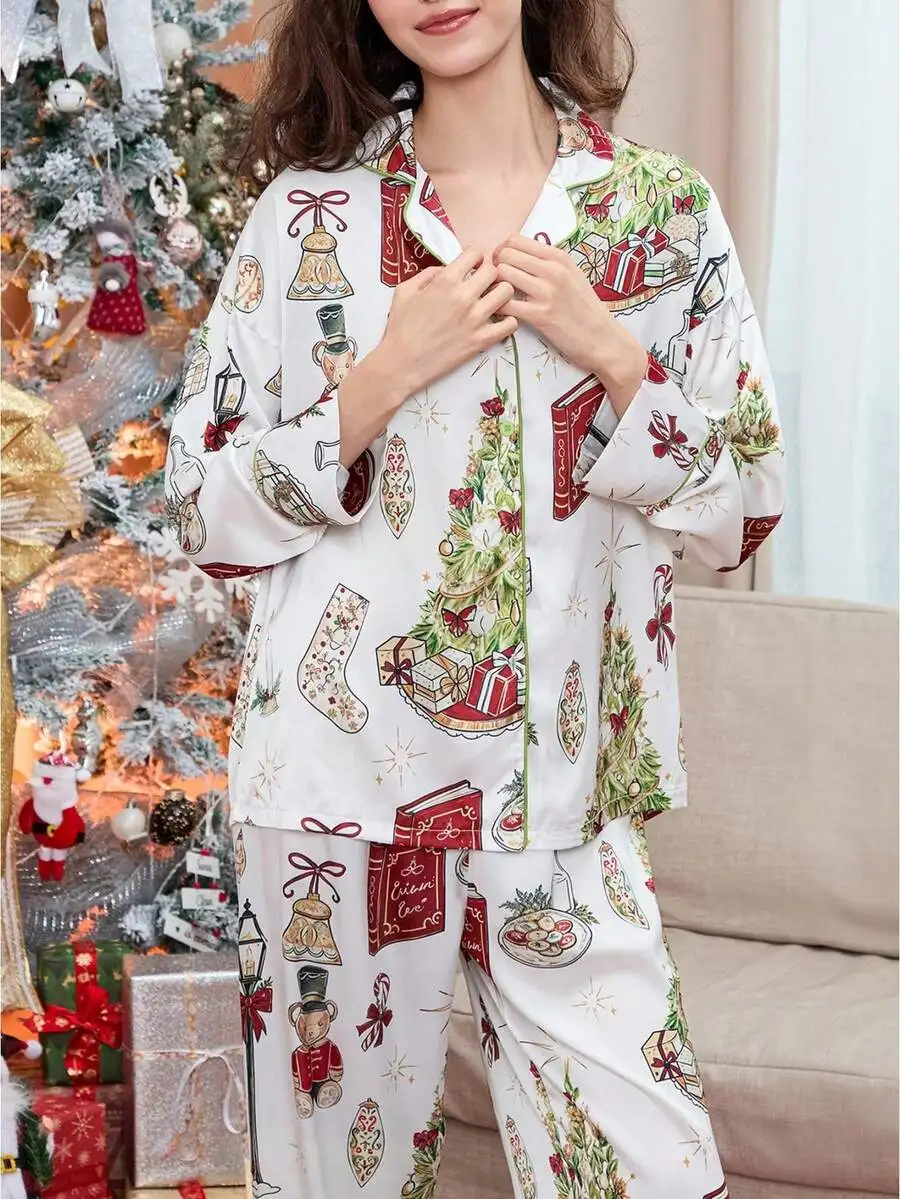 

Womens Long Sleeve Lapel Christmas Print Button Up Pajama Set