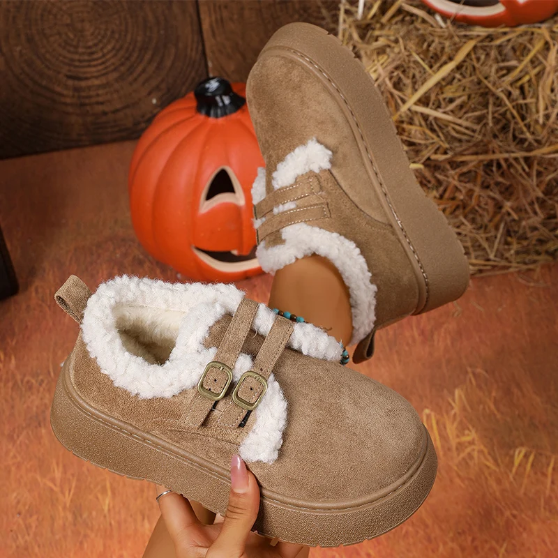 Faux Lamb Wool Women's Winter Boots Buckle Detor Short Faux Suede Snow Boots Women Comfortable Warm Slip On Cotton Padded Shoes