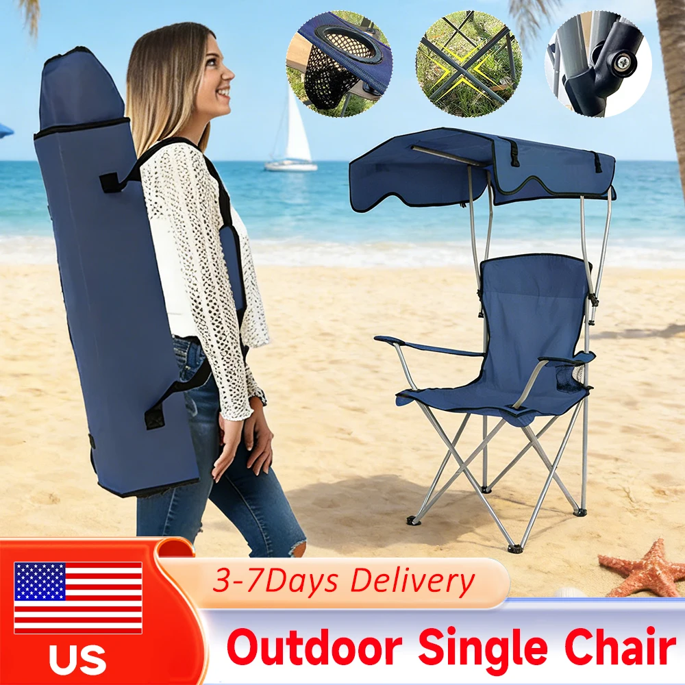 

Folding Camping Lawn Chair with Sunshade Ceiling & Cup Holder Large Waterproof 600D Oxford Fishing Chair Portable for Outdoor