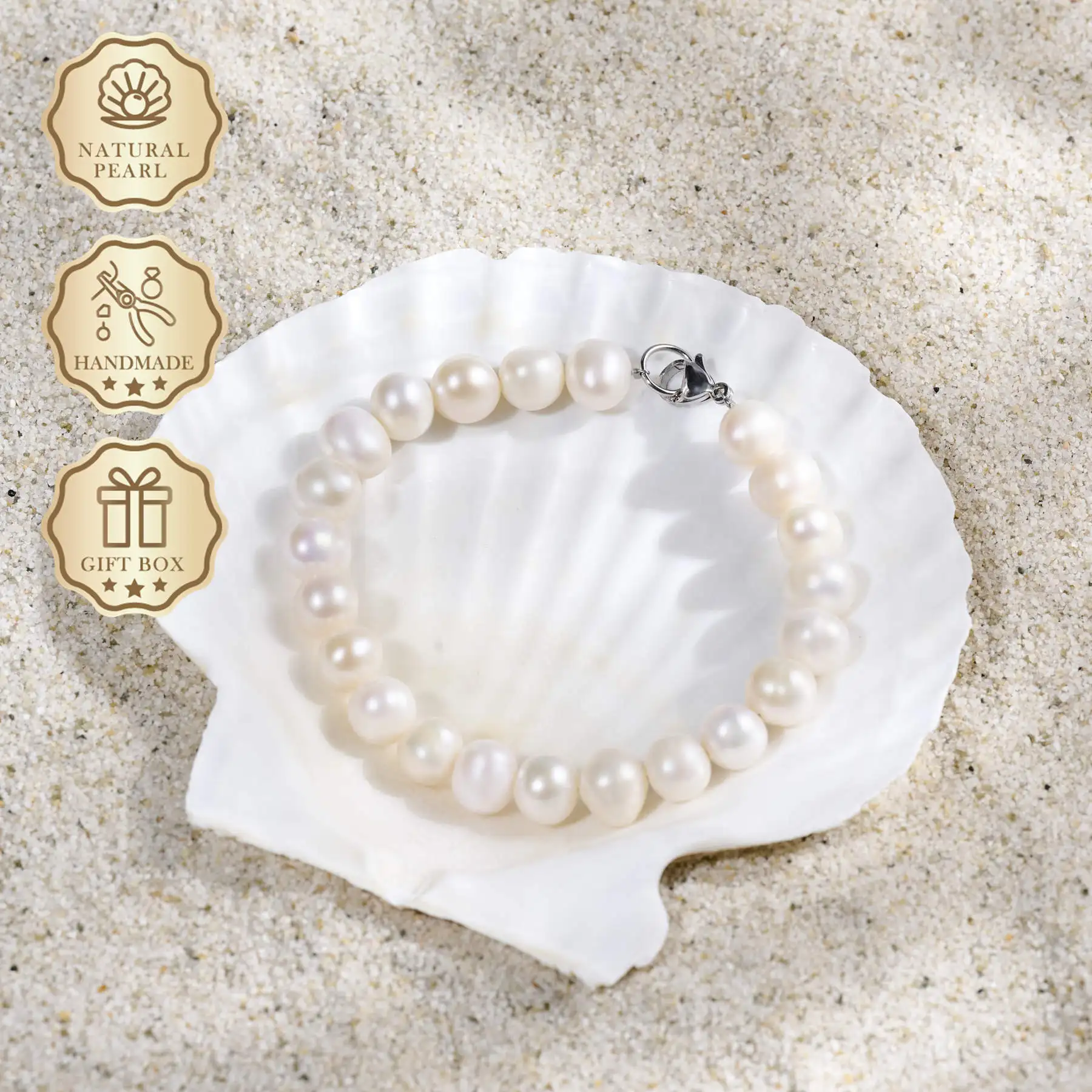

MYSOYA White Freshwater Pearl Bracelet 7–8mm with Silver Lobster Clasp, Gift Box, Ideal Birthday & Anniversary Gift