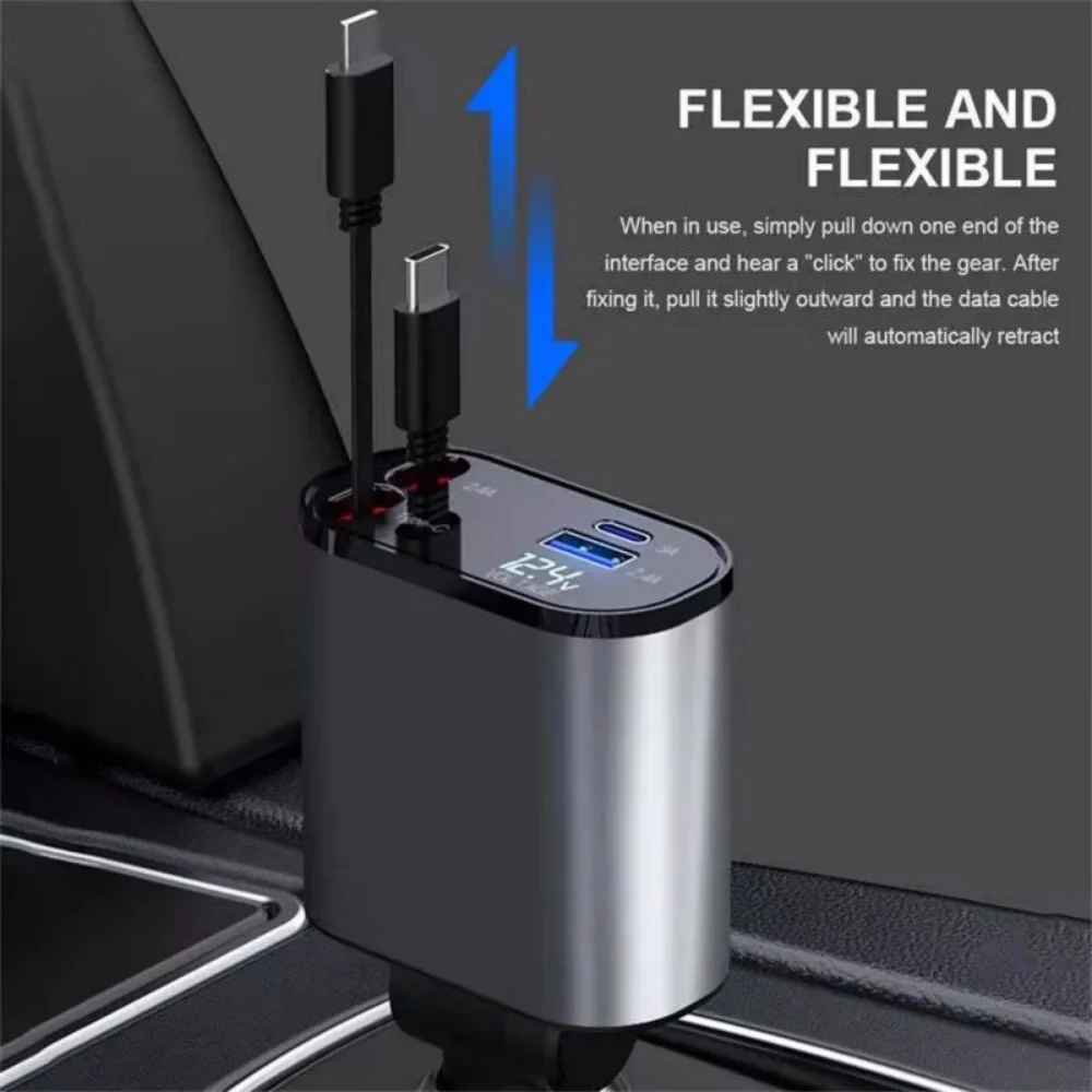 120W Retractable Car Charger 4 in 1 USB C Fast Charging Car Cigarette Lighter Charger Adapter for iPhone Xiaomi Huawei Samsung