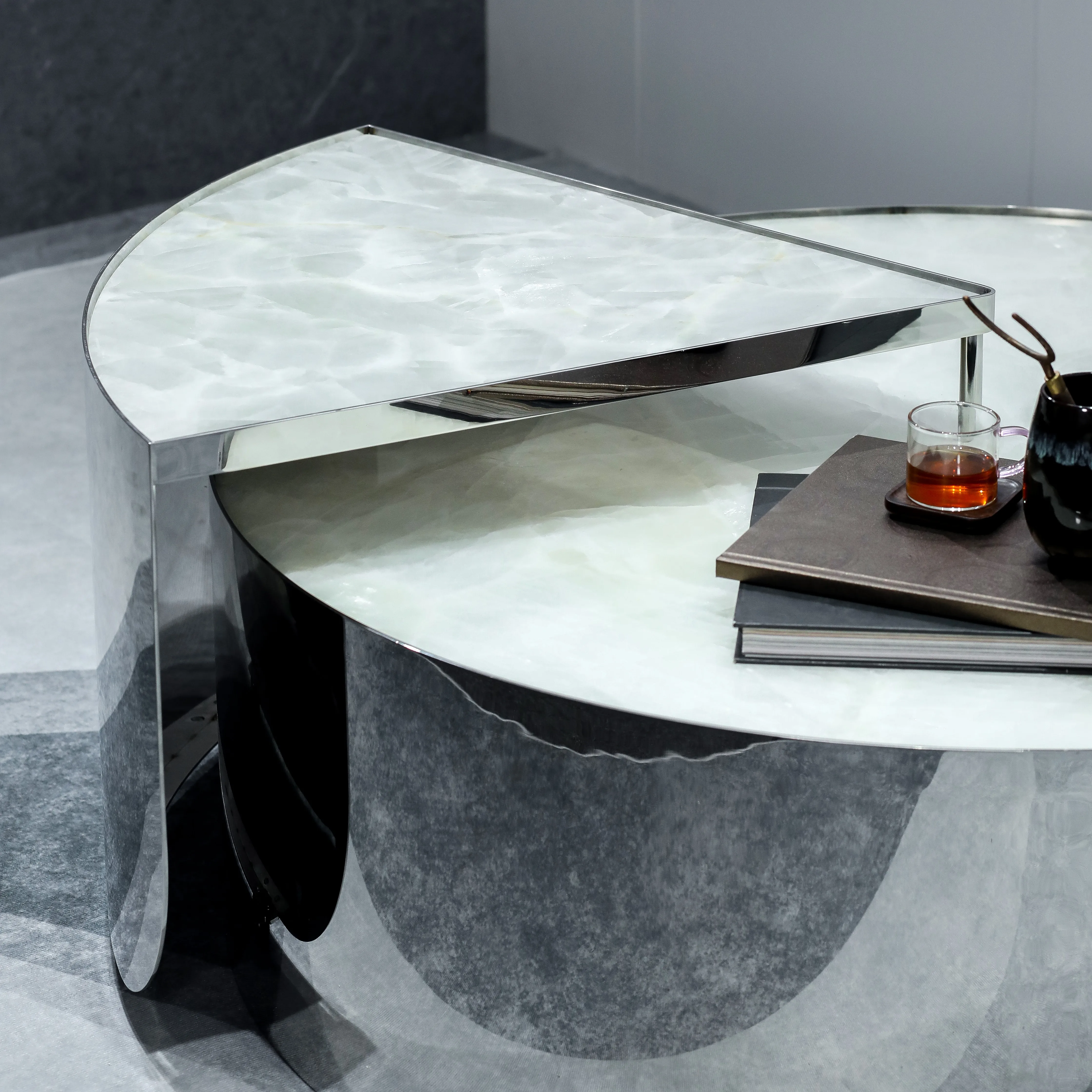 Modern Durable Steel Marble Coffee Table Tempered Glass One Meter Diameter Rotating White Top Living Room Furniture