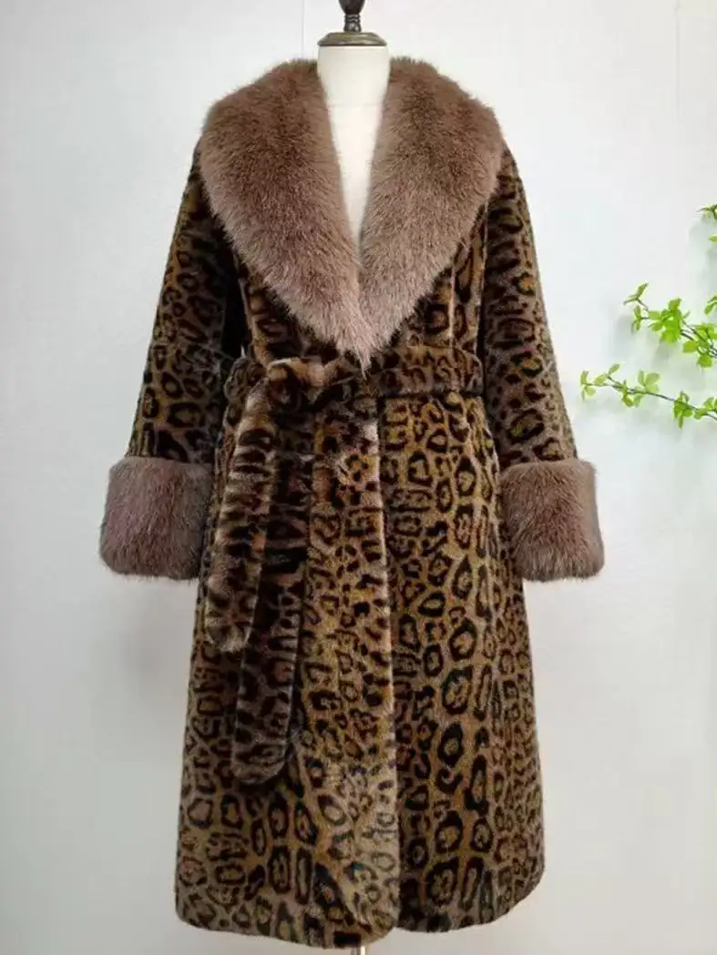 Faux Fur Coats Women Coat Fur Lace Up Leopard Print Longline Long Sleeves V Neck Thick Warm Fur Loose Jackets 2025 Autumn Winter