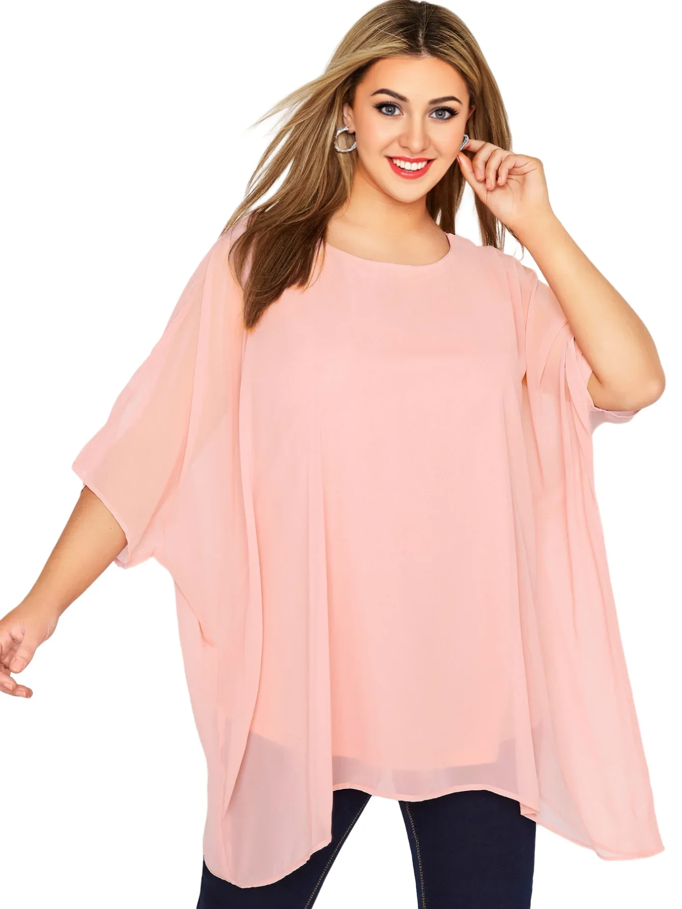 Womens Plus Size Elegant Summer Blouse Batwing Sleeve Oversized Chiffon Blouse Scoop Neck Large Size Casual Tunic Top Shirt 6XL