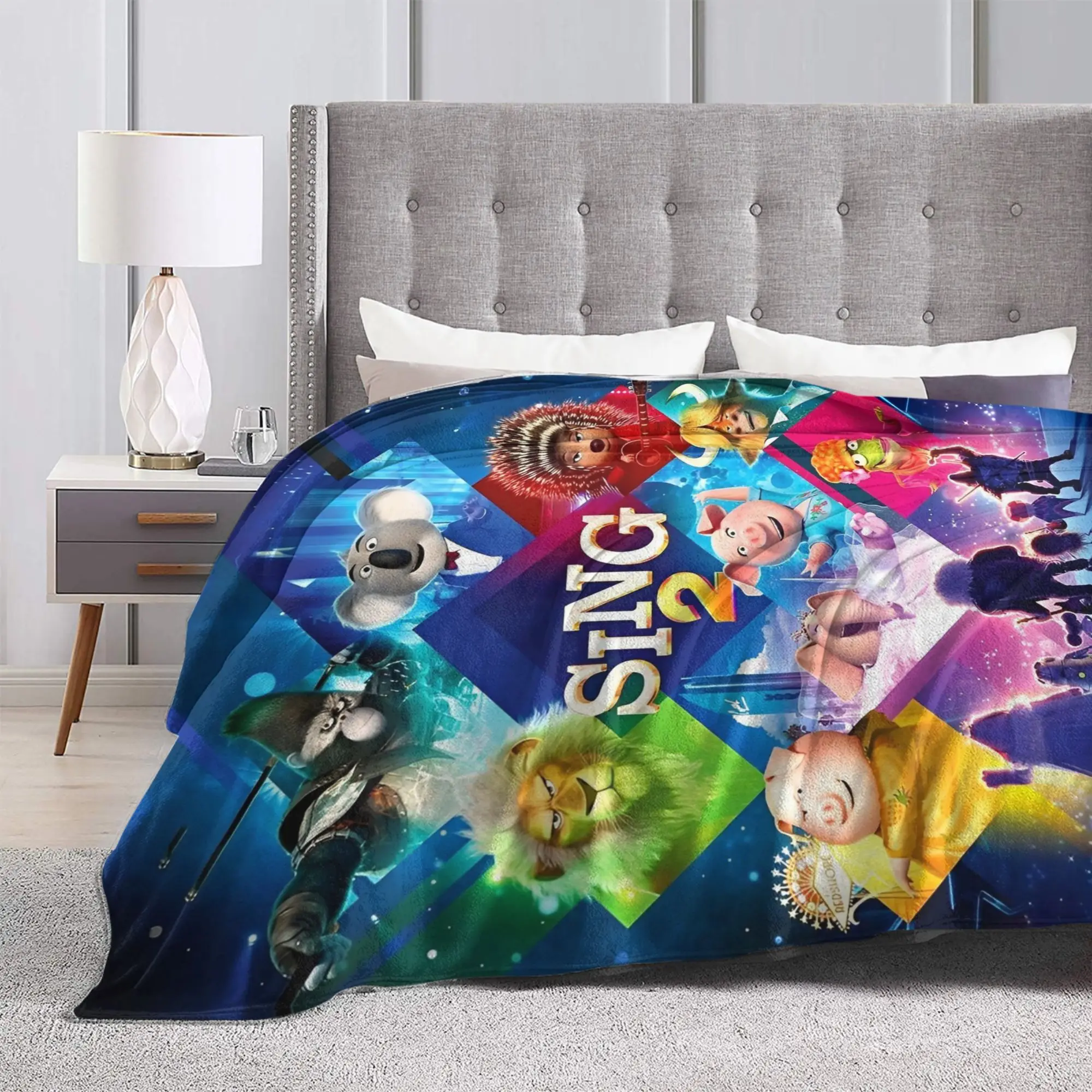 Sing 2 Kids Cartoon Movie Knitted Blanket Flannel Musical Comedy Soft Throw Blanket for Home Couch Bedspread