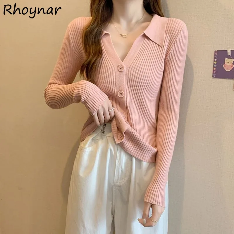 

Solid Cardigan Women Simple All-match Daily Casual Button Turn Down Collar Korean Fashion Popular Slimming Spring Sweet Girls